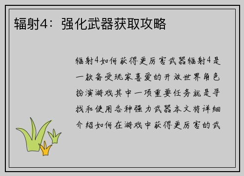 辐射4：强化武器获取攻略