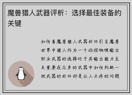 魔兽猎人武器评析：选择最佳装备的关键